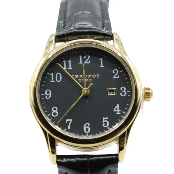 Casual ronde quartz, Dames horloge, echt leder bandje van 23 cm, goud met zwart uurwerk, zwart bandje, datum weergave,