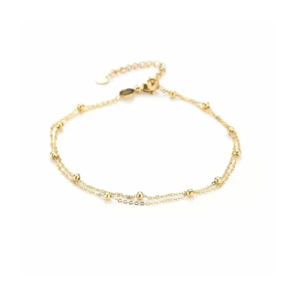 Dubbel enkelbandje, Dubbele enkelbandje, met balletjes, stainless steel, 22 + 4 cm, goud kleurig