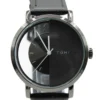 Simple fashion hollow, Horloge, stainless steel, Echt leren bandje van 23 cm, uurwerk half zwart half doorzichtig en witte wijzers, zwart bandje,