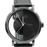 Simple fashion hollow, Horloge, stainless steel, Echt leren bandje van 23 cm, uurwerk half zwart half doorzichtig en witte wijzers, zwart bandje,