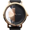 Simple fashion hollow, Horloge, stainless steel, Echt leren bandje van 23 cm, kleur van uurwerk half zwart half goud en gouden wijzers, zwart bandje,