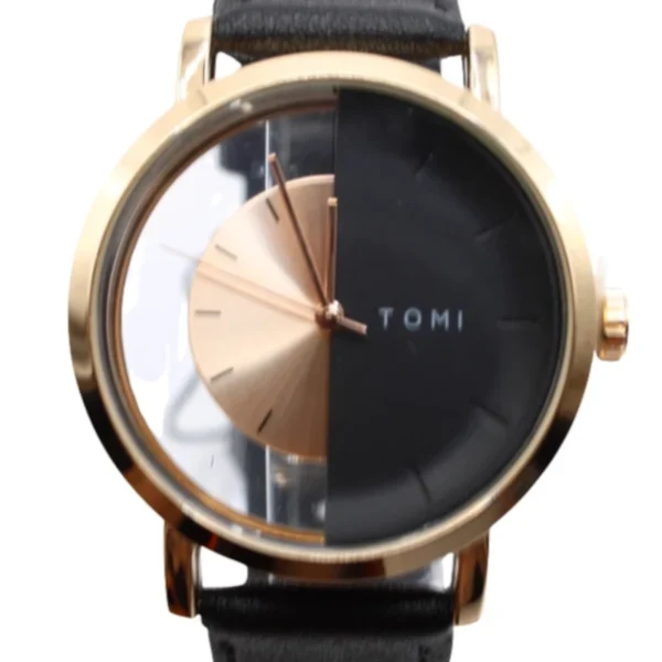 Simple fashion hollow, Horloge, stainless steel, Echt leren bandje van 23 cm, kleur van uurwerk half zwart half goud en gouden wijzers, zwart bandje,