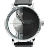 Simple fashion hollow, Horloge, stainless steel, Echt leren bandje van 23 cm, kleur van uurwerk half zwart half zilver en zilveren wijzers, zwart bandje,