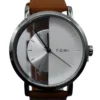 Simple fashion hollow, Horloge, stainless steel, Echt leren bandje van 23 cm, kleur van uurwerk half zilver half wit en zwarte wijzers, bruin bandje,