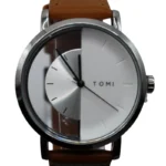 Simple fashion hollow, Horloge, stainless steel, Echt leren bandje van 23 cm, kleur van uurwerk half zilver half wit en zwarte wijzers, bruin bandje,