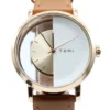Simple fashion hollow, Horloge, stainless steel, Echt leren bandje van 23 cm, kleur van uurwerk half goud half wit en gouden wijzers, bruin bandje,
