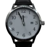 Casual ronde wijzer, Dames horloge, stainless steel, Echt leren bandje van 23 cm, uurwerk zilver met wit en zwarte wijzers, zwart bandje,