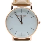 Casual ronde wijzer, Dames horloge, stainless steel, Echt leren bandje van 23 cm, uurwerk goud met wit en zwarte wijzers, bruin bandje,