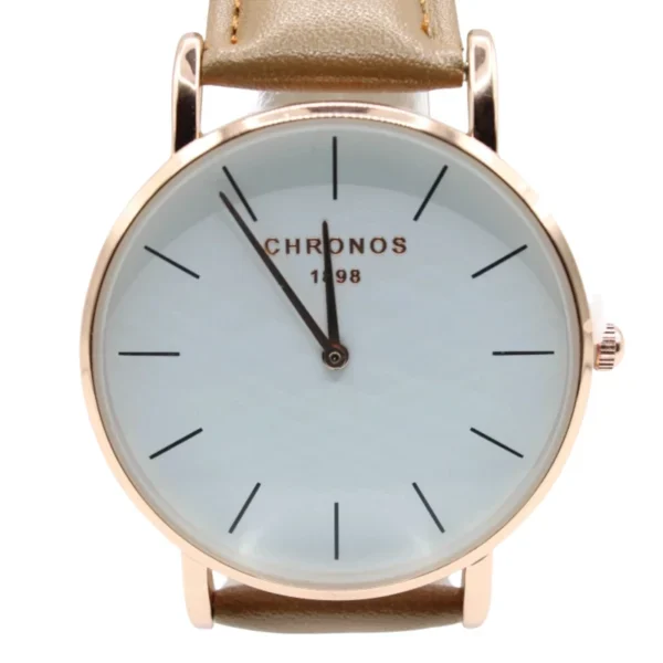 Casual ronde wijzer, Dames horloge, stainless steel, Echt leren bandje van 23 cm, uurwerk goud met wit en zwarte wijzers, bruin bandje,
