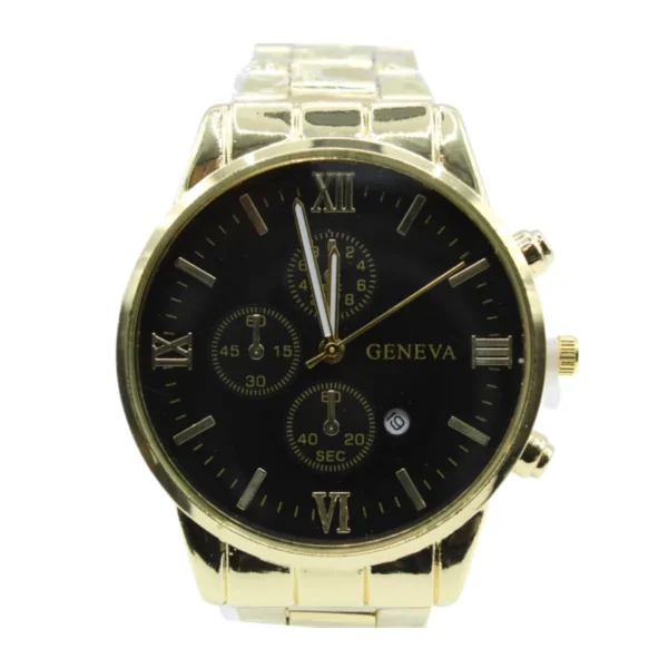 Heren horloge geneva, stainless steel, klapsluiting, 20 cm, 85 gram, goudkleurig met zwarte plaat,